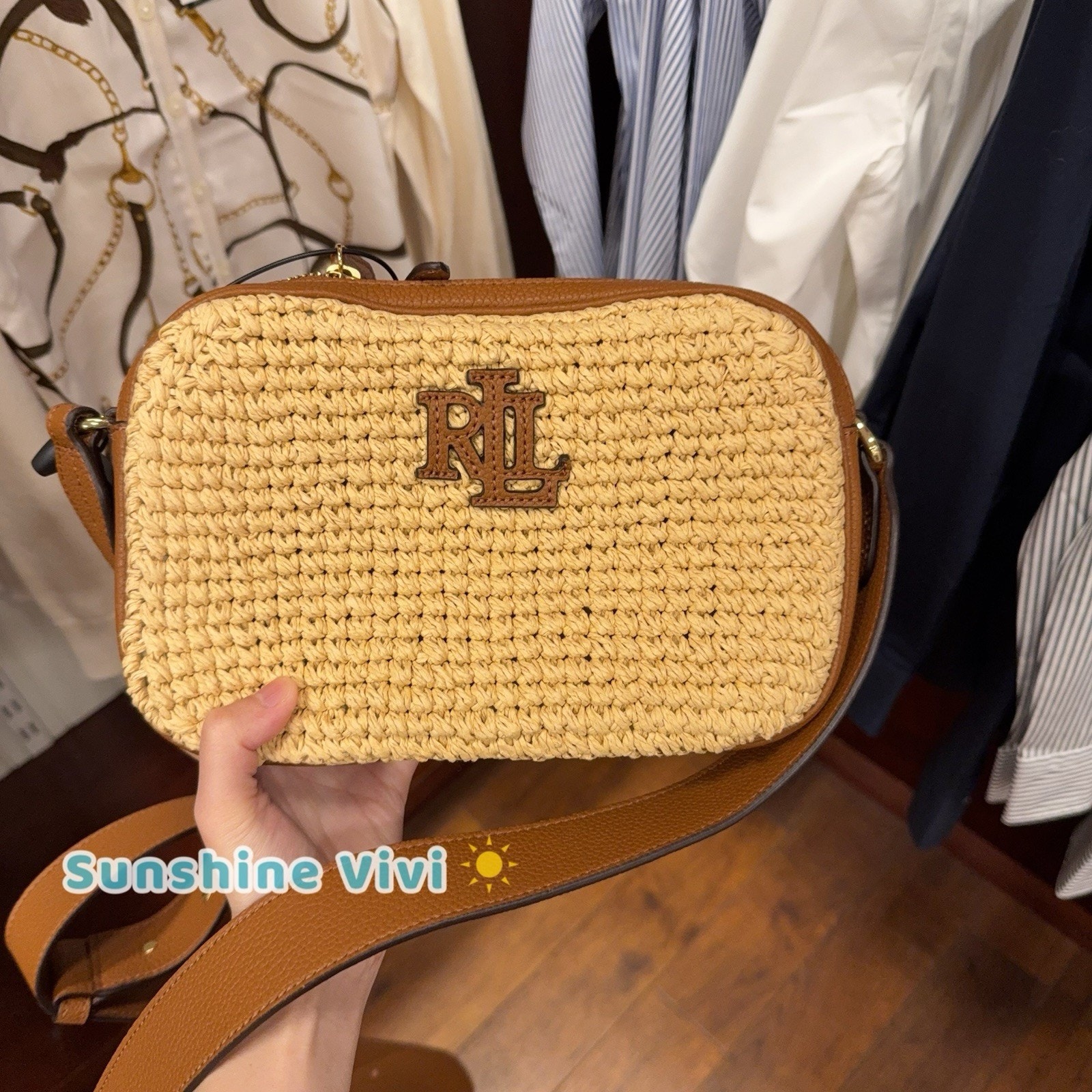 Nwt Lauren Ralph Lauren Carrie Straw Leather Crossbody Bag Tan Brown